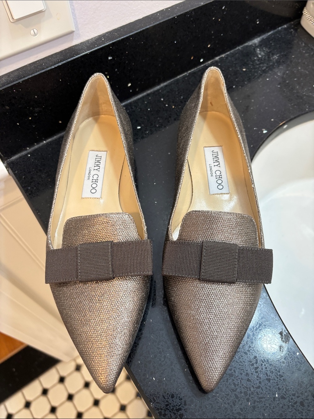 NWOT Jimmy Choo Metallic Bronze Pointed Flats with Grosgrain Bow - Picture 1 of 7